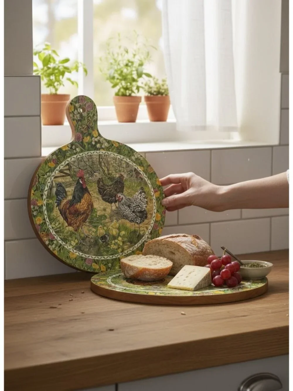 Cloverleaf Farm Scenes Round Chopping Board With Handle - Rooster & Hen Design